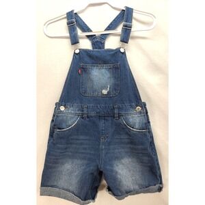 Levis Womens Overall Shorts Shortall Distressed Blue‎ Denim Sz 12 Reg Farm Girl